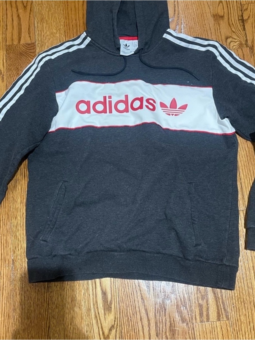 adidas Men's Charcoal Crewneck Hoodie with White Chest Panel and Red Logo